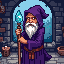 ancient wizard in purple robes holding crystal staff